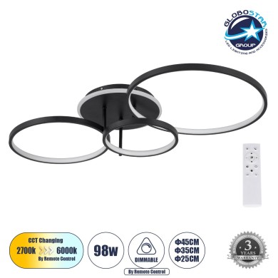 GLOBOSTAR® NEMESIS 61108 Μοντέρνο Φωτιστικό Οροφής LED 98W 11858lm 360° AC 220-240V IP20 Ρυθμιζόμενο Λευκό CCT με Χειριστήριο από 2700K έως 6000K Dimmable - Lumileds SMD Chip - Μαύρο Ματ - Μ89 x Π60 x Υ19cm - 3 Χρόνια Εγγύηση